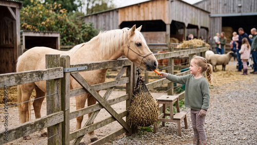 Girl reaching over a fence to meet a palomino horse at a petting farm