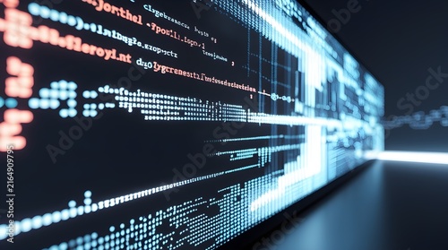 Abstract technology background with fast-moving data stream and code.