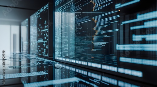 Multiple transparent screens displaying programming code in server room.