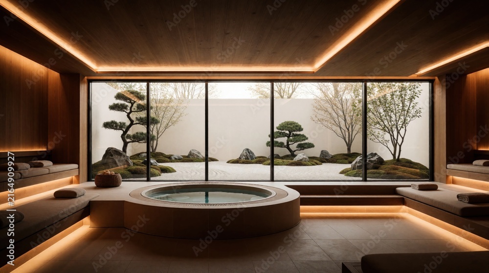 Fototapeta premium Modern spa room with circular jacuzzi and benches offers zen garden view. Natural wood interior features calming warm lighting for ultimate relaxation and tranquility.