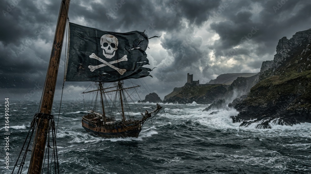 Naklejka premium Pirate ship with Jolly Roger flag sails through a stormy sea towards cliffs