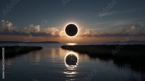 Dramatic total eclipse over a serene lake.