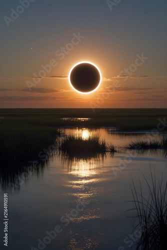 Annular solar eclipse over vast marshland waters
