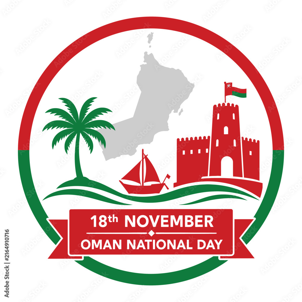 Obraz premium Oman National Day 18th November emblem, Omani flag and map vector, traditional fort and dhow boat