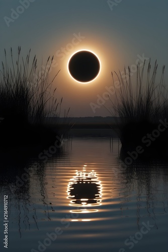 Annular solar eclipse over serene wetland waters
