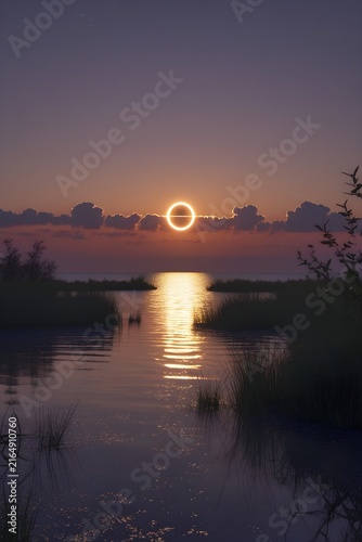 Annular solar eclipse over serene marsh waters
