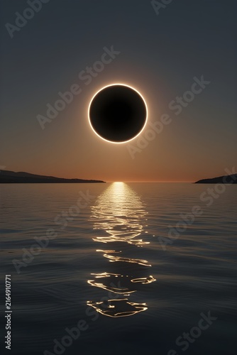 Annular solar eclipse over calm sea at twilight
