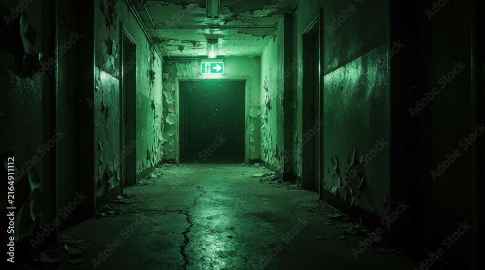 Fototapeta premium Dimly lit abandoned hospital corridor. Peeling paint on walls, cracked floor. Green emergency exit sign glows at end of long hallway. Nobody in eerie building.