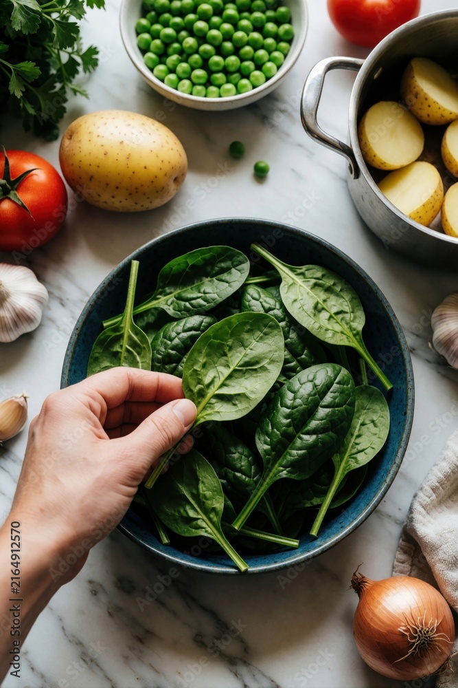 Naklejka premium Hand selects fresh spinach from bowl. Ingredients for cooking include potatoes, peas, tomatoes, garlic, and onion on marble surface. Preparing healthy meal, fresh produce for dinner.