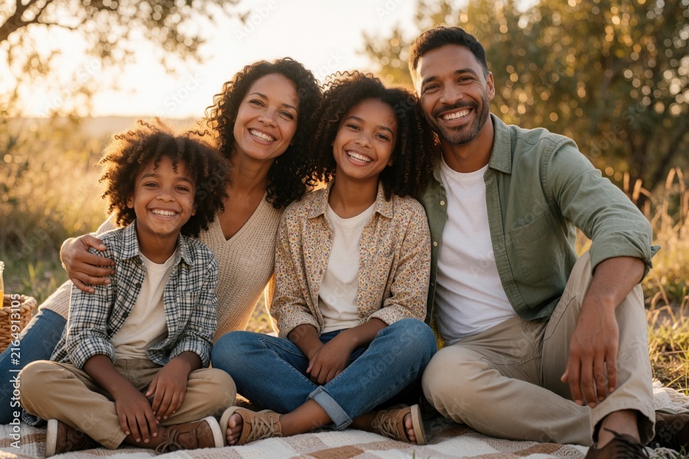 Fototapeta premium Smiling family sits on blanket in field at sunset. Parents and two kids laugh, share love. Outdoors, happy people enjoy warm evening light, connection, carefree moment.