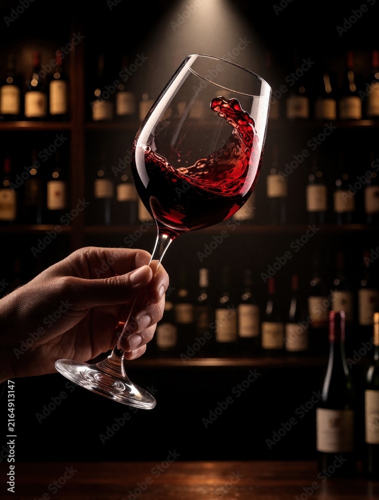 Fototapeta premium Hand swirls red wine in elegant glass at bar, bottles on shelf behind. Low light warm glow creates moody atmosphere. Perfect for wine tasting or romantic evening.