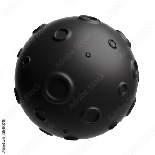 Dark matte sphere object resembling a celestial body or planetoid with noticeable impact craters  