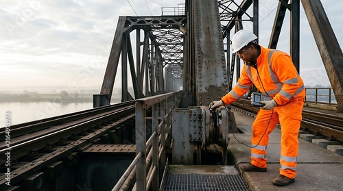Bridge Inspector Working on Steel Railway Tracks Using Professional