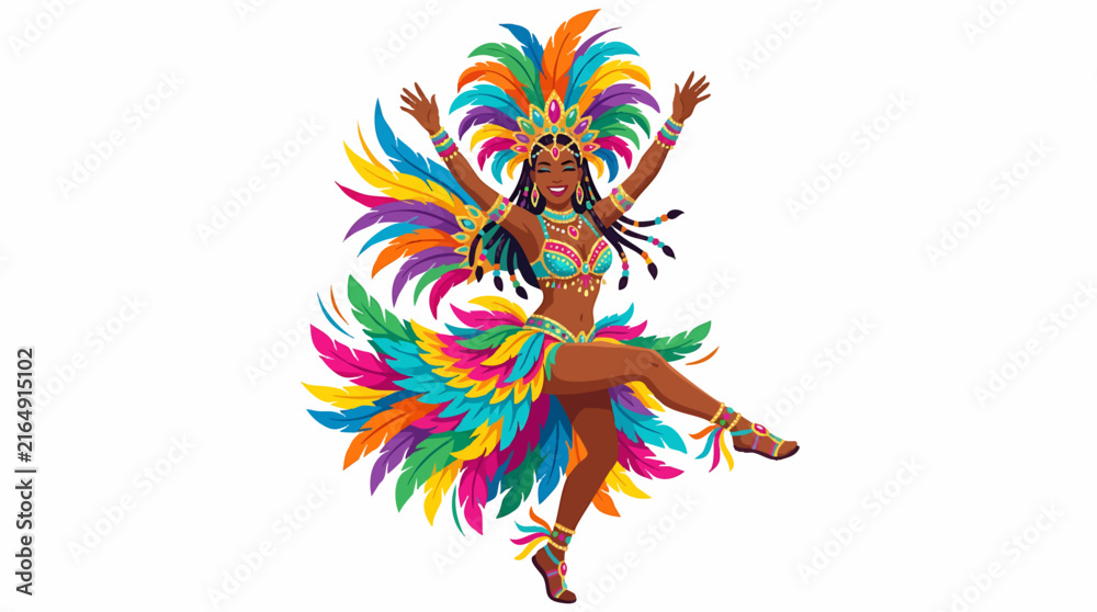 Fototapeta premium Woman in Colorful Carnival Costume Dancing with Feathers and Beads isolated on white background