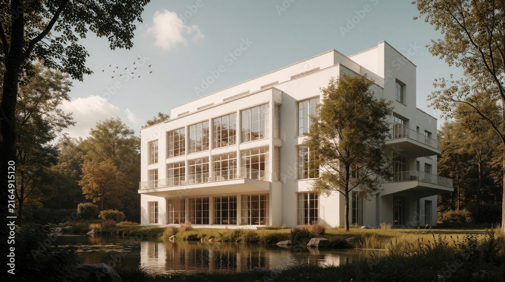 Fototapeta premium Modern white building with large windows, balconies sits by tranquil pond. Trees surround property, creating peaceful natural setting. Luxury dwelling offers scenic views, ideal for architectural