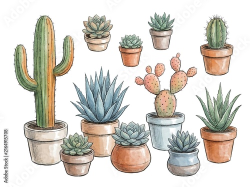 Set of handdrawn potted cacti and succulents isolated on white background