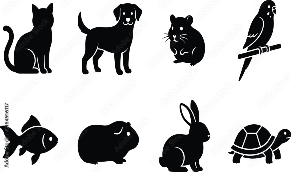 Obraz premium Set of eight black pet animal silhouettes including cat dog hamster parrot fish guinea pig rabbit and turtle for domestic animal icon design