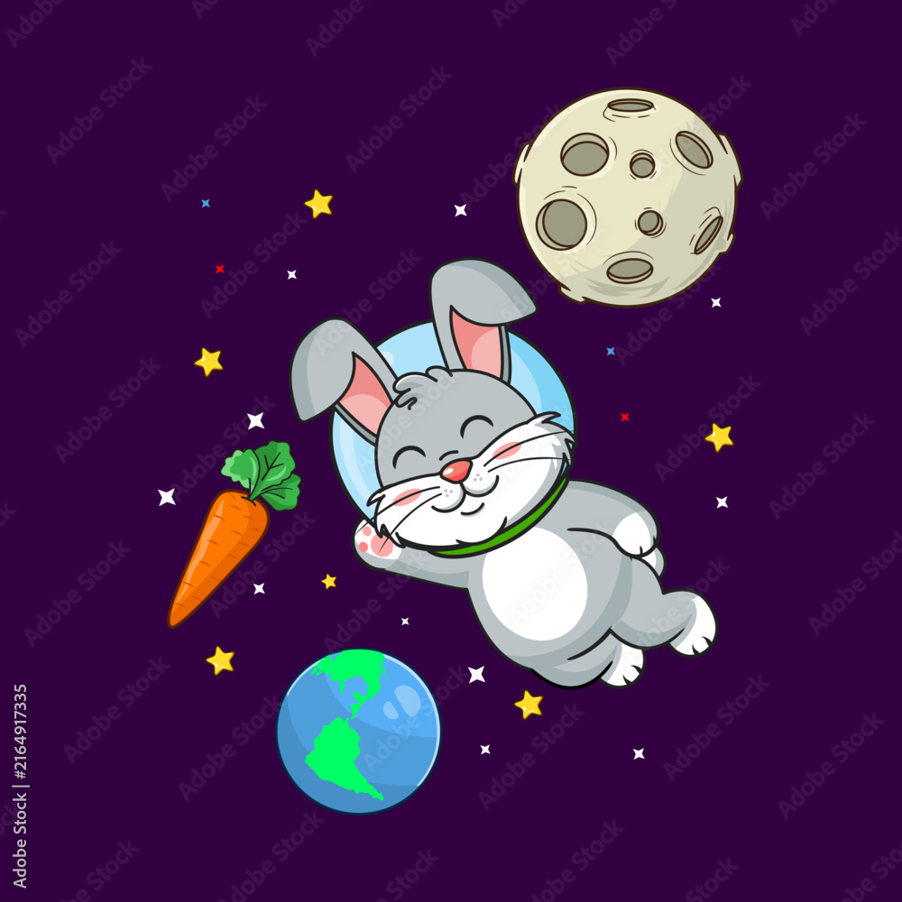 Naklejka premium Cute Rabbit Astronaut Floating in Space with Carrot Cartoon Vector Illustration