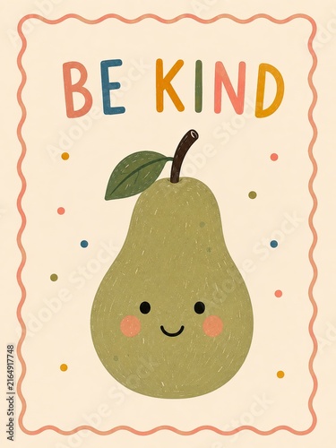 Be Kind, Cute Smiling Pear with Leaf, Whimsical Fruit Illustration, Generative AI