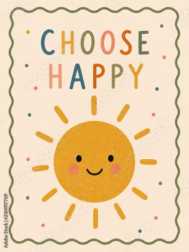 Choose Happy, smiling sun with colorful rays, cheerful inspirational illustration, Generative AI