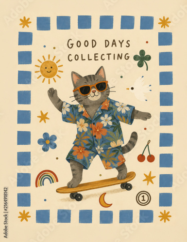 Good Days Collecting, cheerful fox in floral outfit with colorful botanical elements, Generative AI