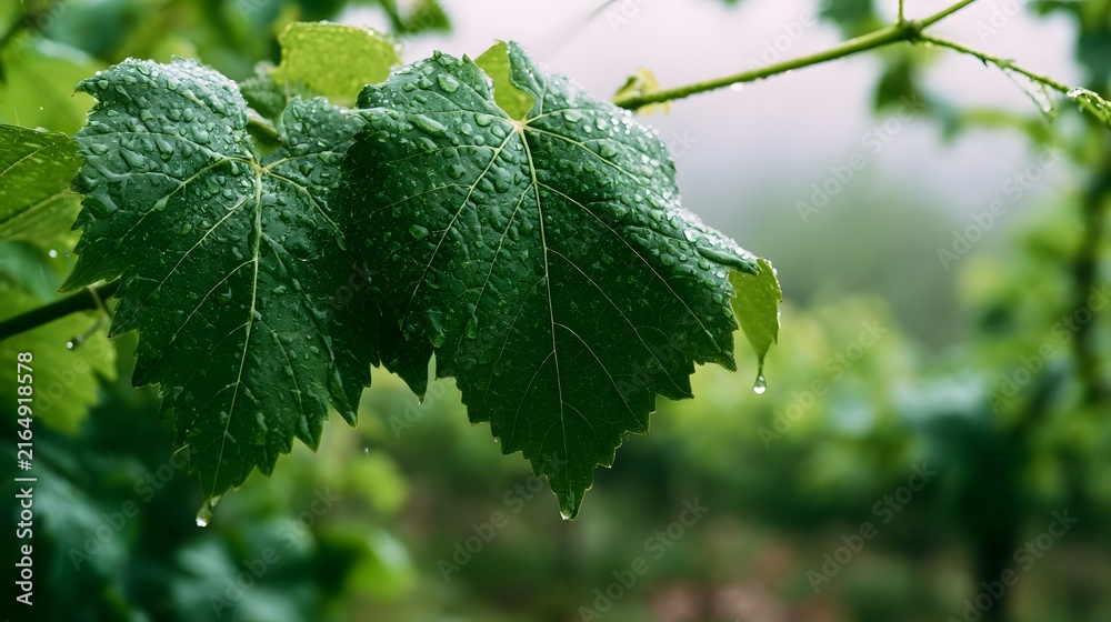 Fototapeta premium Fresh green grape leaves glisten with raindrops against a soft blurred natural background