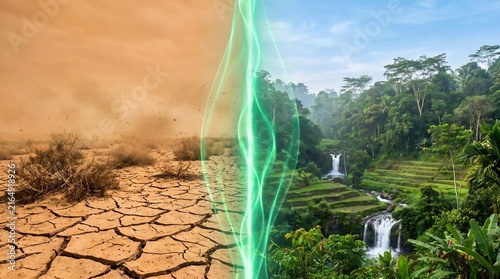 Conceptual environmental transition from a cracked arid desert to a lush tropical jungle with waterfalls, divided by a glowing green energy wave, ideal for climate awareness.