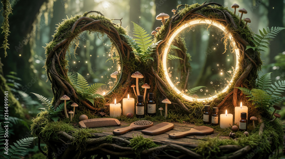 Fototapeta premium Enchanted forest vanity with glowing mirror, candles, and natural beauty products. Wooden combs rest on mossy log in mushrooms and ferns for mystical grooming.