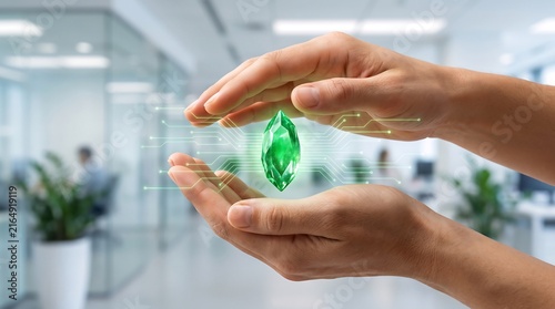 Human hands protecting a glowing green energy crystal with digital circuit patterns in a modern office, perfect for innovation concepts and clean energy technology presentations.