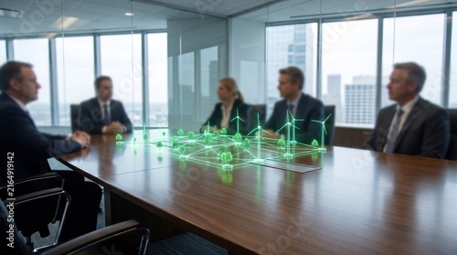 Business executives in a boardroom discussing a green hologram of a smart energy grid with wind turbines and trees, suitable for renewable energy and urban planning projects.