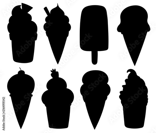 Ice cream silhouette set with different summer dessert shapes in cones and cups. Black sweet treat shadows collection. Vector illustration