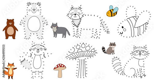 Dot to dot game bundle for kids with cute forest animals and mushroom. Connect the dots and draw bear, wolf, bee, fox and raccoon. Vector illustration