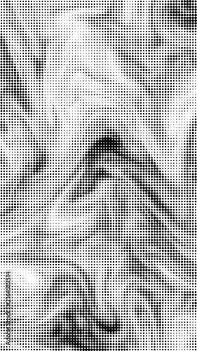 Looping animation of abstract monochrome halftone dot fluid waves in vertical format, black and white dynamic marble texture background, seamless loop