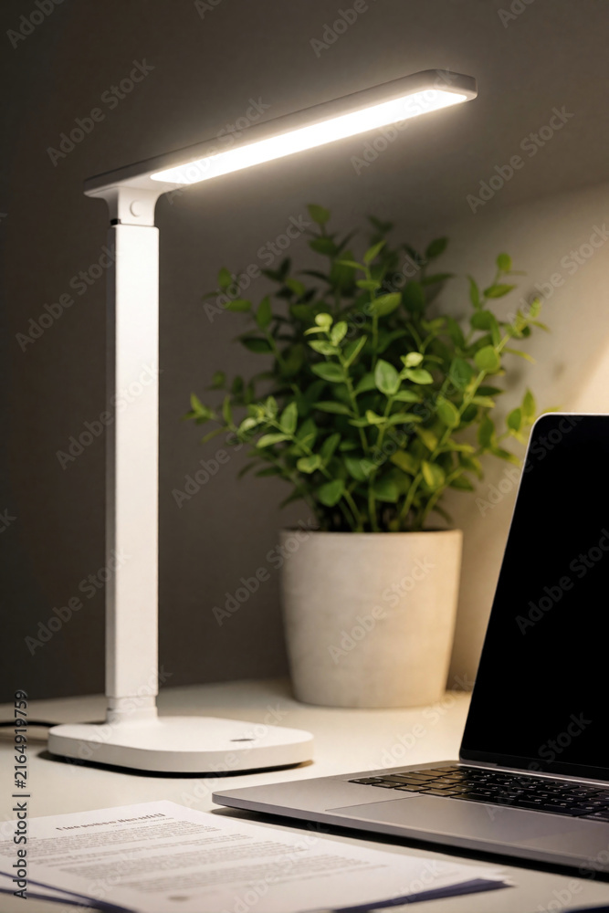 Naklejka premium Modern white desk lamp illuminates workspace with laptop, documents. Green potted plant sits on table next to computer. Minimalist home office interior with bright light for productive remote work,