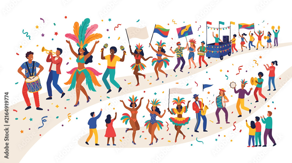 Fototapeta premium Diverse group of people celebrating carnival with music dancing and colorful costumes isolated on white background