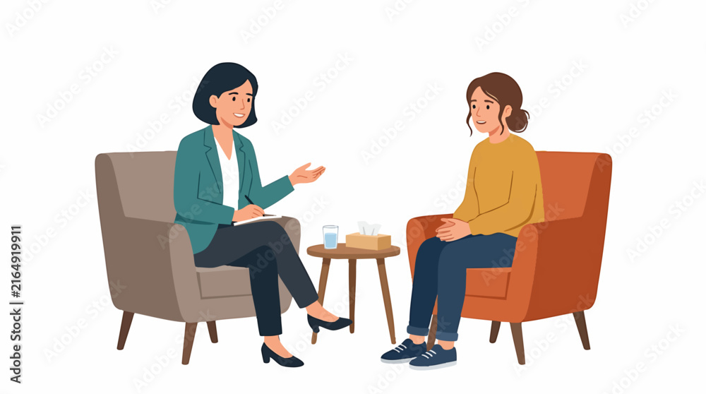 Fototapeta premium Therapist and patient in session, discussing mental health and well-being in a comfortable setting isolated on white background