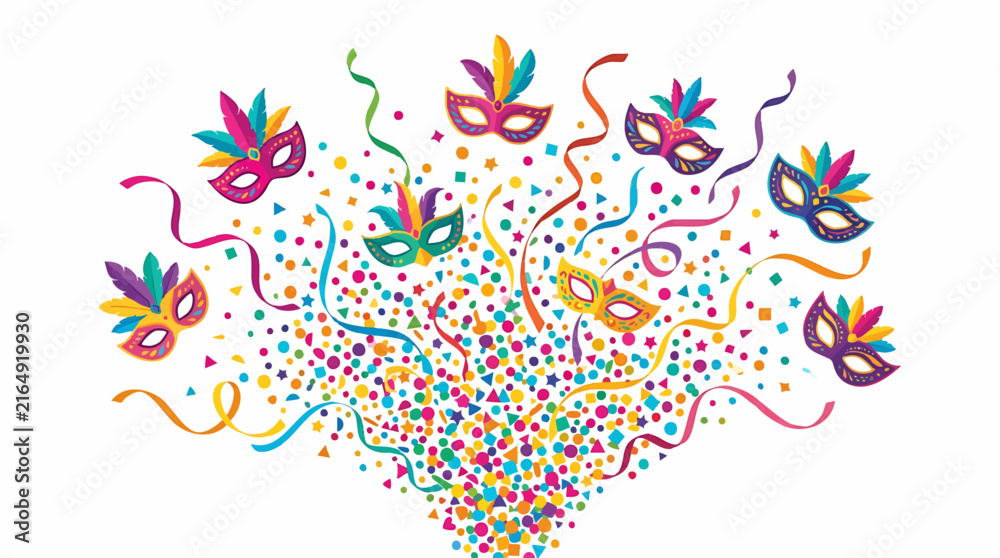 Obraz premium Colorful Mardi Gras Masks and Confetti Explosion Celebration isolated on white background