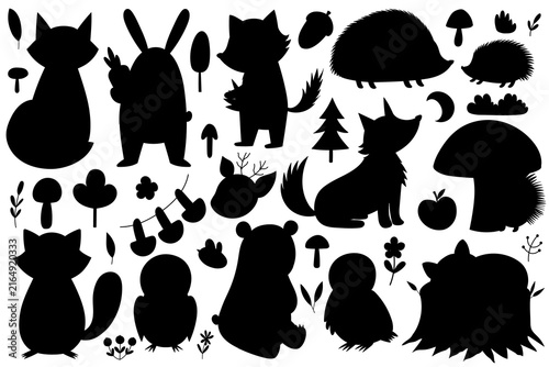 Cute forest animals silhouette bundle with hedgehog, fox, bear, rabbit, racoon and owl. Adorable woodland characters and nature shapes collection. Vector illustration