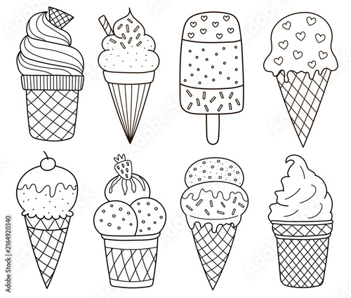 Cute doodle ice cream set with 8 different summer dessert designs in cones and cups. Hand drawn sweet treat outline collection for coloring page. Vector illustration
