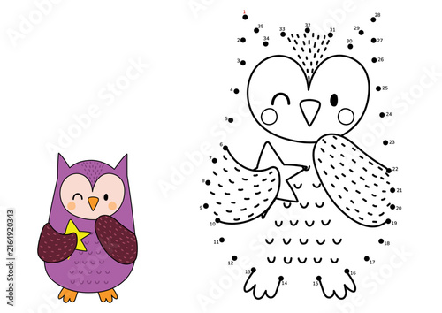 Dot to dot game for kids. Connect the dots and draw a cute owl. Forest bird puzzle activity page with a funny character. Vector illustration