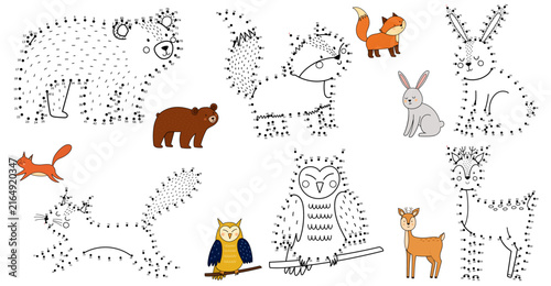 Dot to dot game bundle for kids with 6 forest animals. Connect the dots activity puzzles set and draw bear, fox, owl, bunny, squirrel and deer. Vector illustration