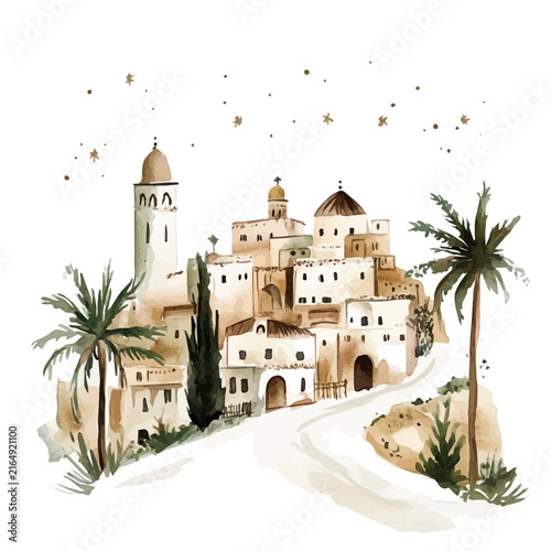 watercolor hand-drawn of Christmas Bethlehem, isolated on a white background.