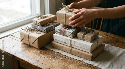 Hands arranging stack of beautifully wrapped gifts with natural twine and dried sprigs on rustic wooden table