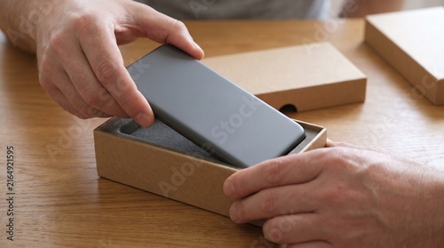 Hands opening a cardboard box to reveal a new gray electronic device or smartphone inside