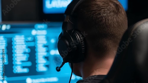 Focused young professional developer wearing high quality gaming headset while looking at complex programming code displayed on a computer screen in a dark modern office space