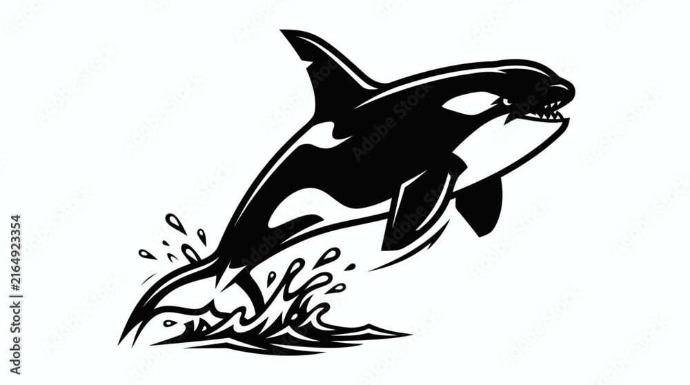 Naklejka premium Vector illustration of a majestic orca whale leaping out of the water with splashes, isolated on a white background