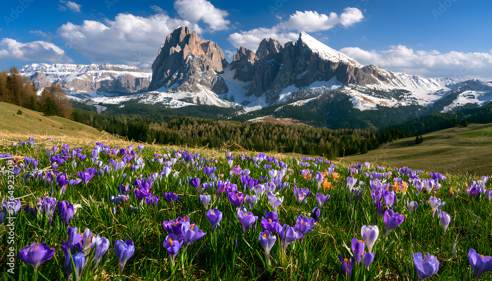 Naklejka premium Beautiful Dolomites landscape meadow with crocus flowers at Piz Sorega, South Tyrol