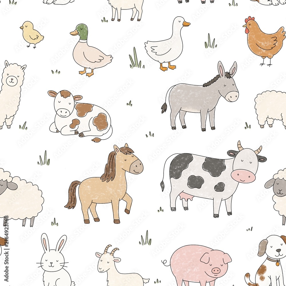 Naklejka premium Chalk farm animal characters creating hand drawn barnyard seamless pattern