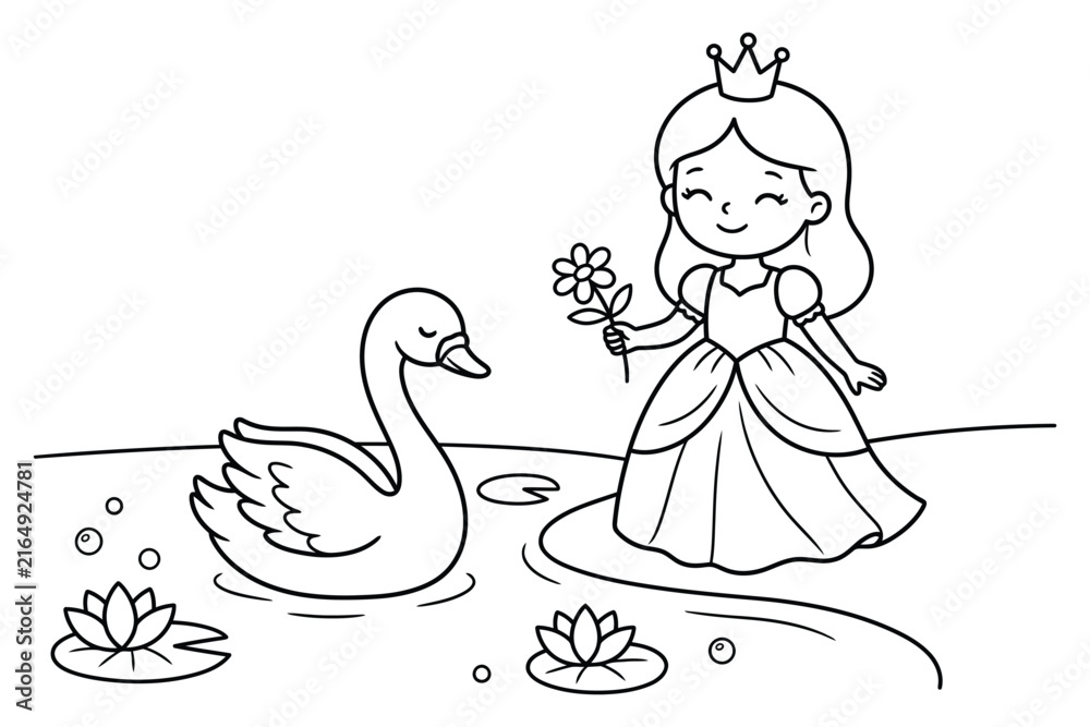 Naklejka premium Cute little princess wearing a crown holding flowers standing by a pond with a swan and lilies
