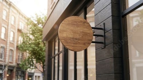Blank Round Wooden Sign Mockup on Modern Storefront Exterior, concept of branding and small business identity